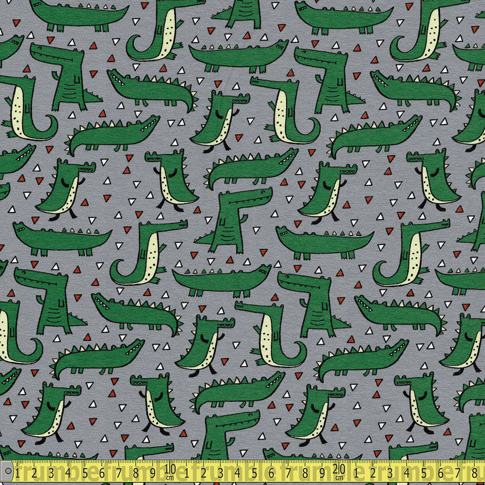 Crocodile Fun - Printed Cotton Jersey - Grey Sewing and Dressmaking Fabric