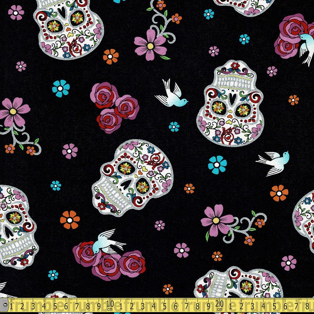 Day Of The Dead With Glitter Black - Frumble Fabrics