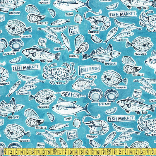 Dear Stella - Chefs Table - Fish Market Blue Sewing and Dressmaking Fabric