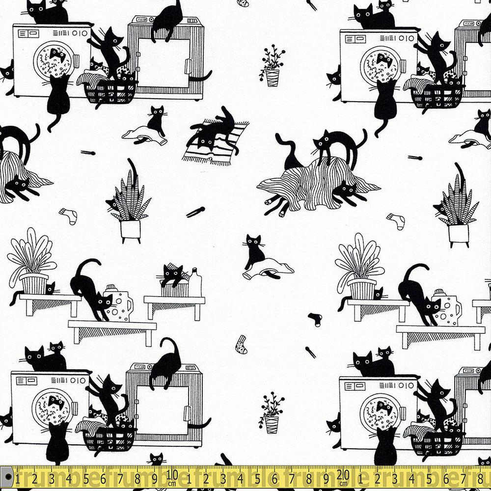 Dear Stella - Les Chats Noir - Cats Scene White Sewing and Dressmaking Fabric