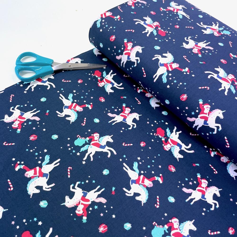 Dear Stella - Sparkle All The Way  - Santa Riding Unicorns Navy Sewing and Dressmaking Fabric