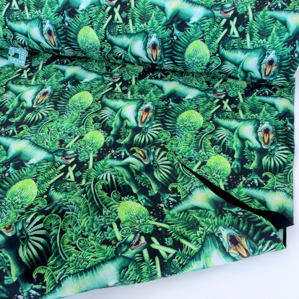 Dinosaurs In The Tress - Softshell - Green Sewing and Dressmaking Fabric