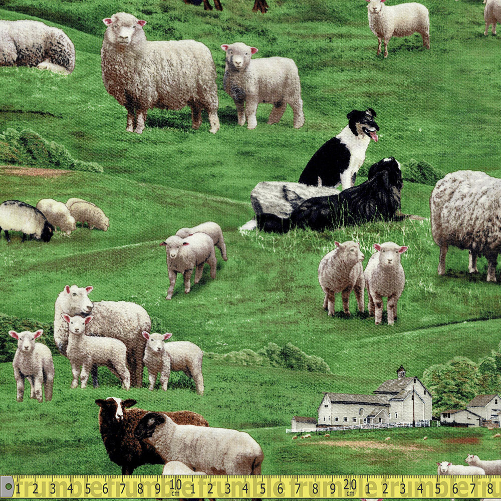 Elizabeth Studio - Farm Animals Sheep - Green Sewing and Dressmaking Fabric