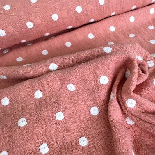 Embroidered Dots - Cotton Slub Fabric - Salmon Pink Sewing and Dressmaking Fabric