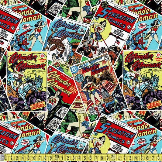 Eugene Textiles - Wonder Woman - Comic Stack Toss Multi Sewing and Dressmaking Fabric