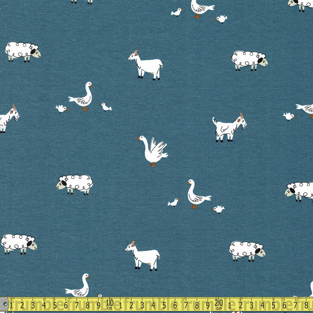 Farmers Field Animals - Printed Cotton Jersey - Blue Sewing and Dressmaking Fabric