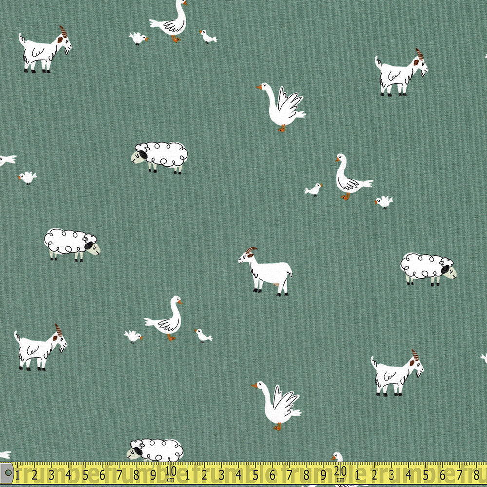 Farmers Field Animals - Printed Cotton Jersey - Green Sewing and Dressmaking Fabric