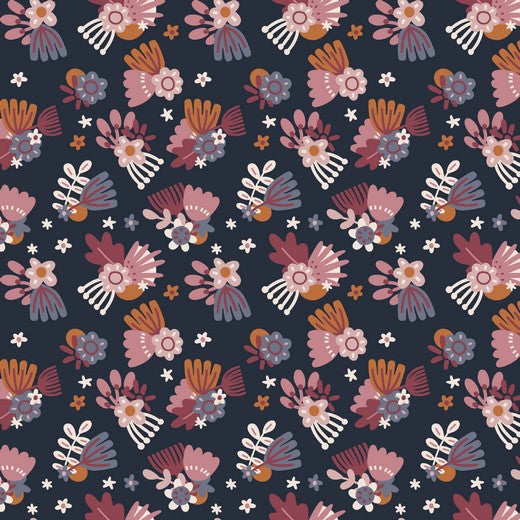 Flying Flowers - Printed Soft Sweat Fabric - Navy Sewing and Dressmaking Fabric