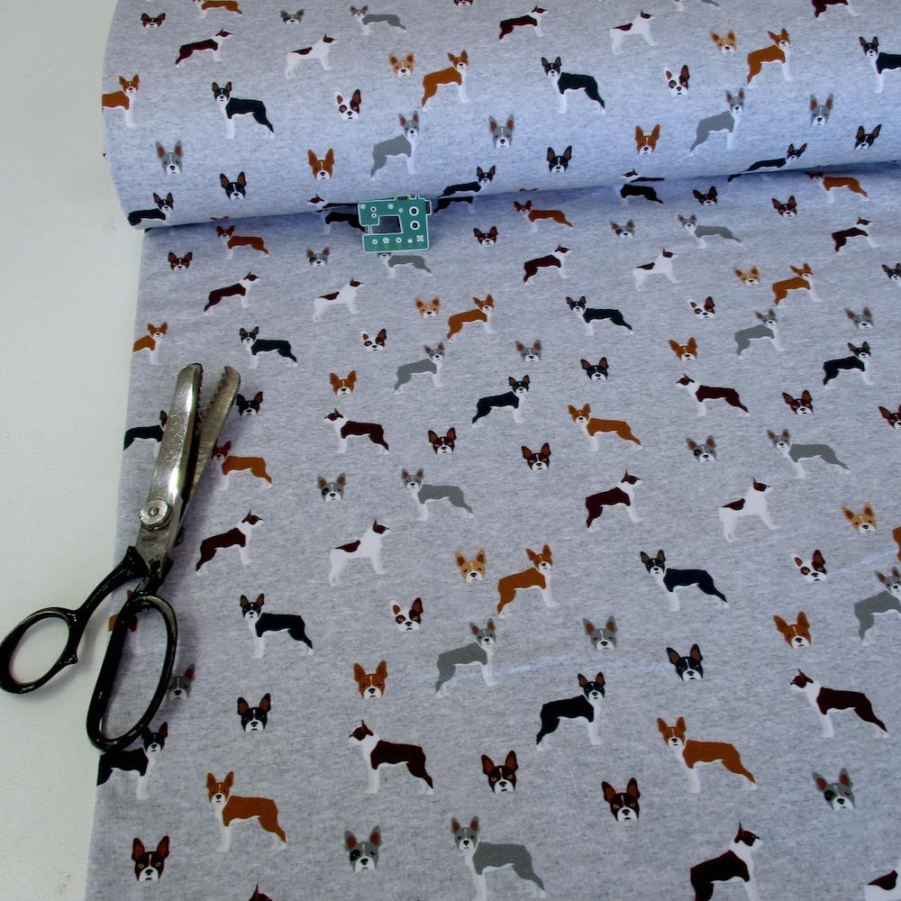 French Bulldog Dogs and Heads - Marl French Terry - Light Grey Sewing and Dressmaking Fabric