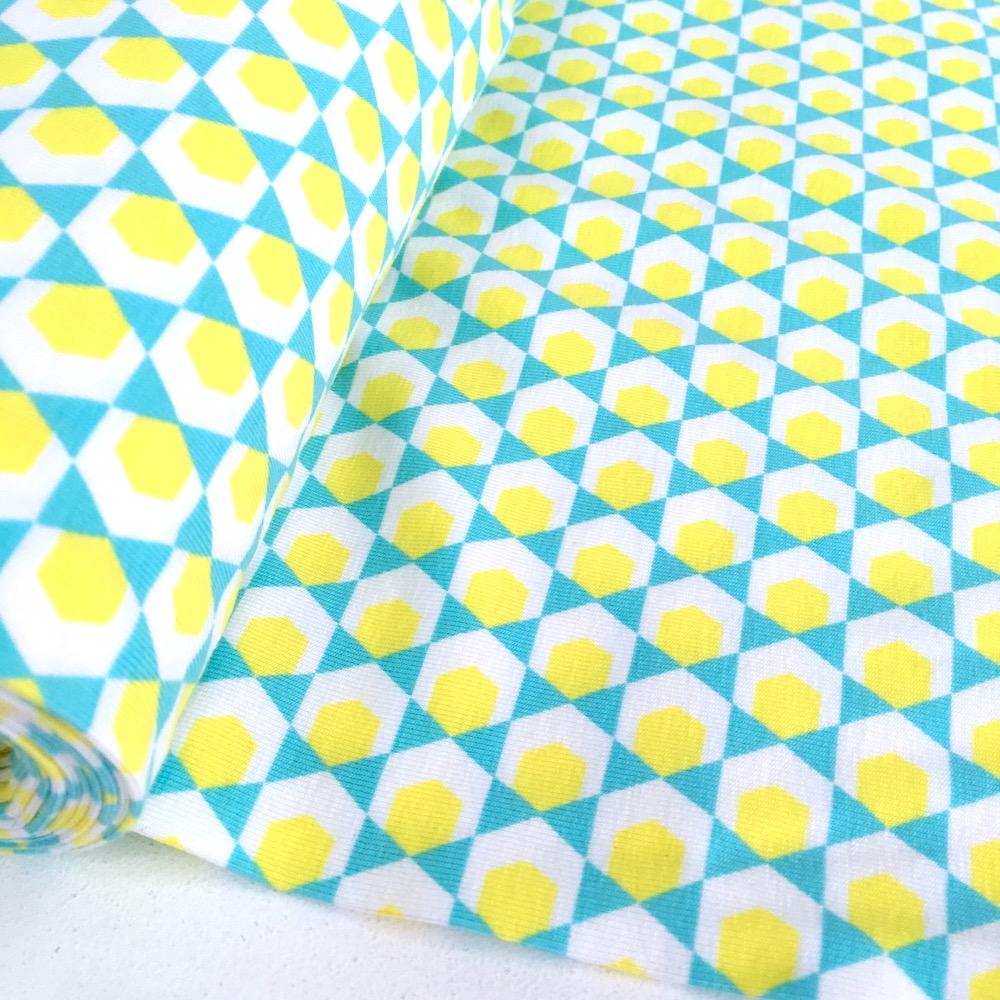 Geometric Hexagon - GOTS Printed Jersey - Bright Blue Sewing and Dressmaking Fabric