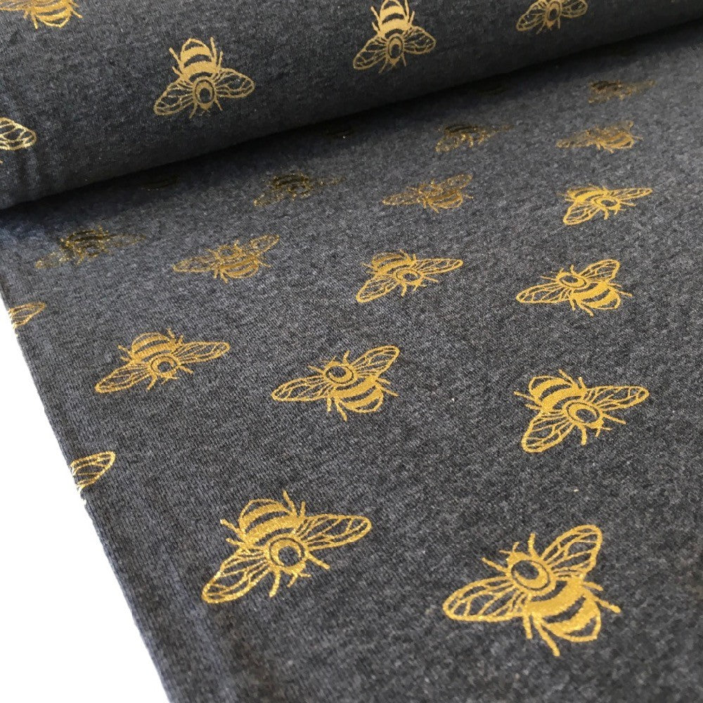 Golden Bee Metallic Foil Jersey Dark Grey - Frumble Fabrics