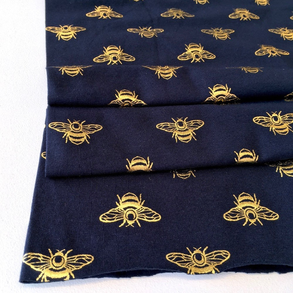 Golden Bee Metallic Foil Jersey Navy - Frumble Fabrics