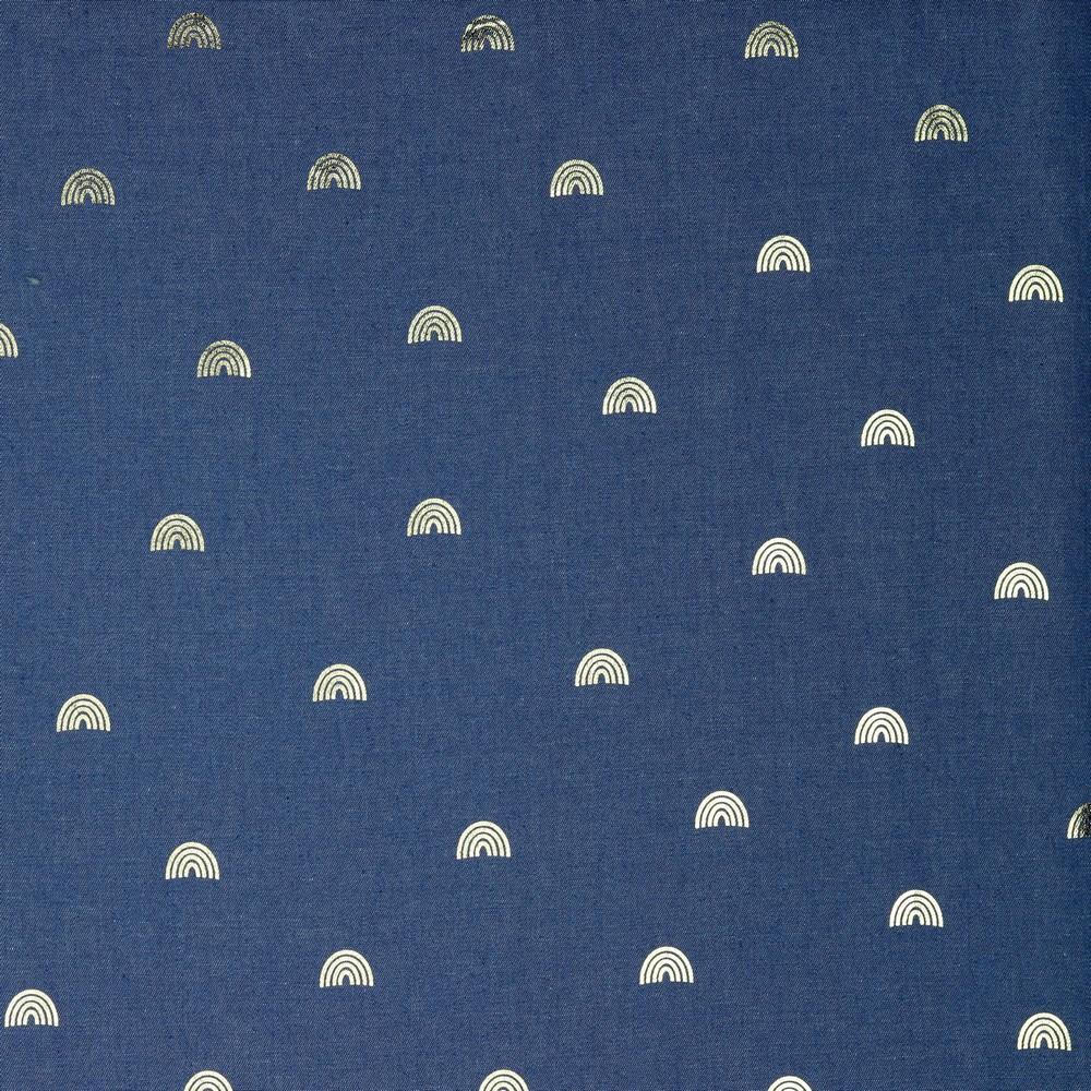 Golden Foil Rainbows - Cotton Chambray Denim - Blue Sewing and Dressmaking Fabric