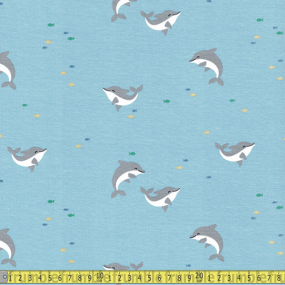 Happy Dolphins - Printed Cotton Jersey - Baby Blue Sewing and Dressmaking Fabric