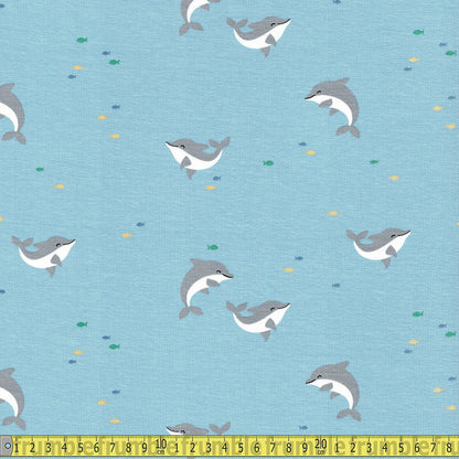 Happy Dolphins - Printed Cotton Jersey - Baby Blue Sewing and Dressmaking Fabric