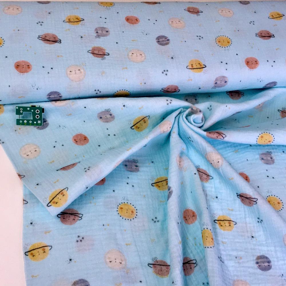 Happy Planets - GOTS Double Gauze - Baby Blue Sewing and Dressmaking Fabric