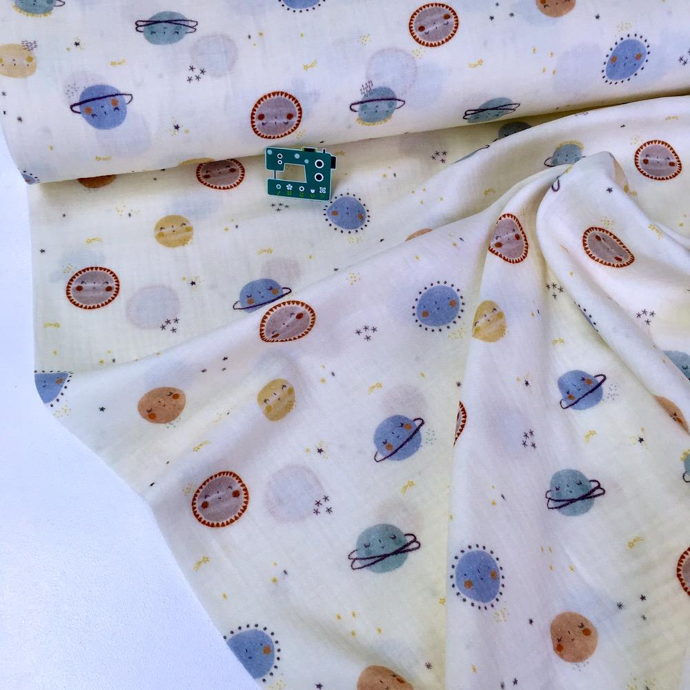 Happy Planets - GOTS Double Gauze - Cream Yellow Sewing and Dressmaking Fabric