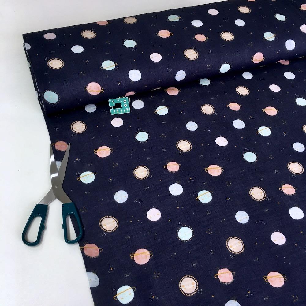 Happy Planets - GOTS Double Gauze - Navy Blue Sewing and Dressmaking Fabric