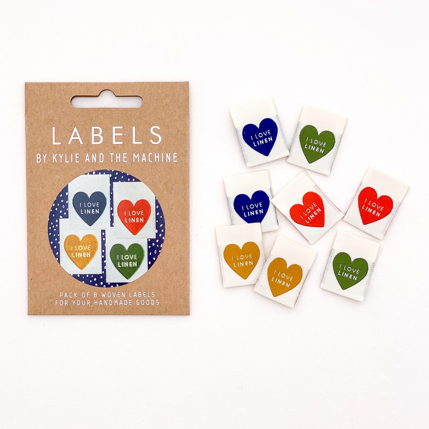 8 x Woven Labels - KATM Kylie And The Machine Labels - I LOVE LINEN (Multi Hearts)