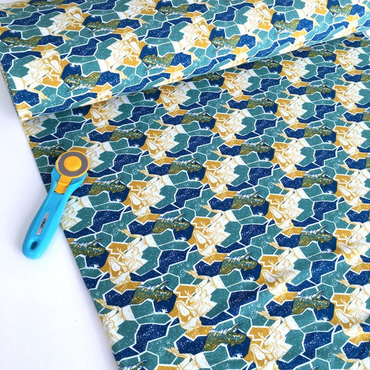 Jurassic World T-Rex Roar - Cotton Soft Sweat - Yellow Blue Sewing and Dressmaking Fabric