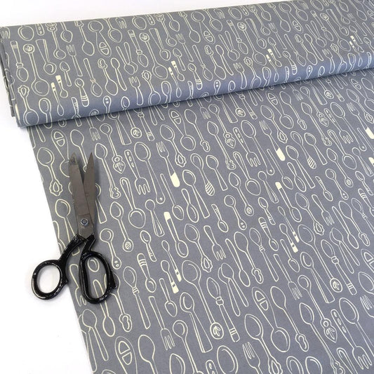 Kitchen Spoons - Hamburger Liebe Organic Cotton Poplin - Grey Sewing and Dressmaking Fabric