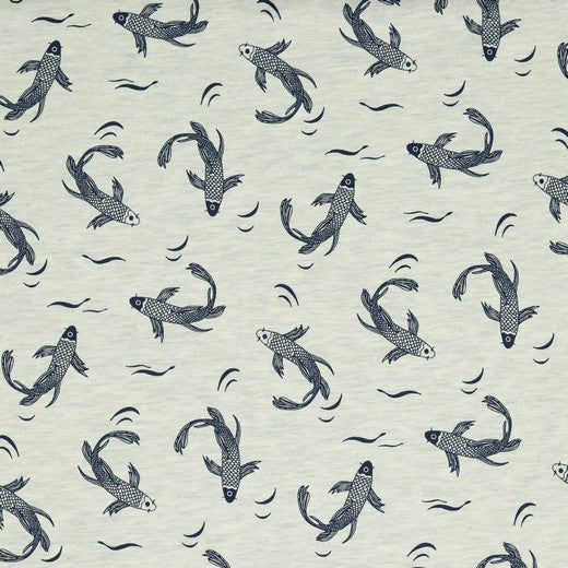 Koi Carp Fishe - Printed Jersey - Ecru Marl Sewing and Dressmaking Fabric