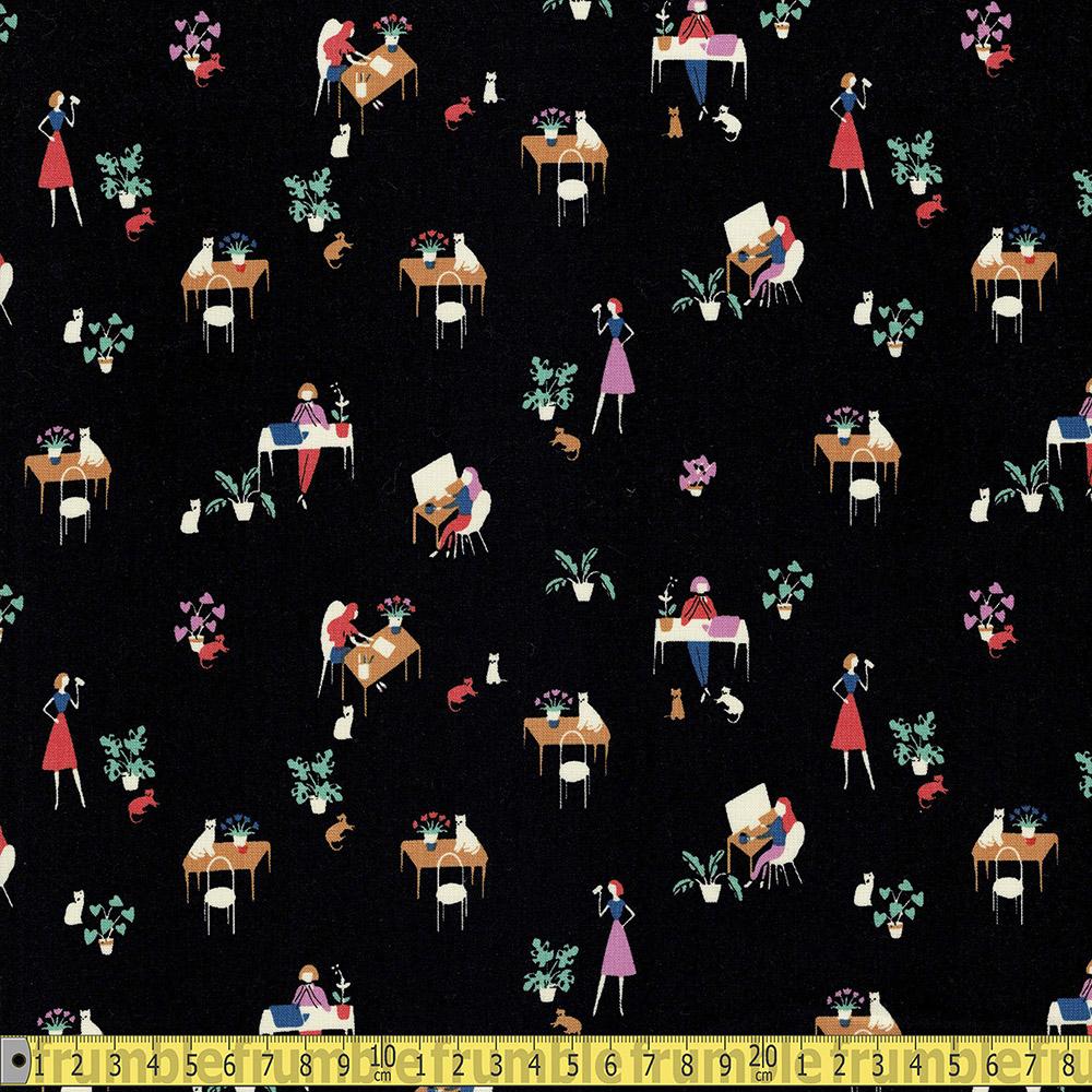 Laura Ashley for Camelot - The Library - Cat and Plants Black Sewing and Dressmaking Fabric