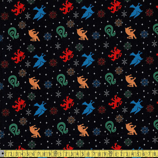 Licensed Christmas - Harry Potter Snowflake House - Black Sewing and Dressmaking Fabric