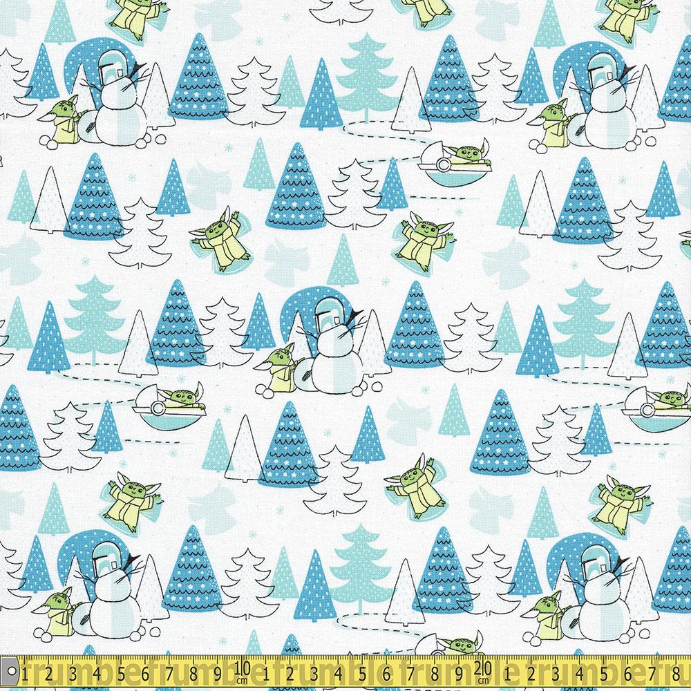 Licensed Christmas - Mandalorian Child Snow Day - White Sewing and Dressmaking Fabric