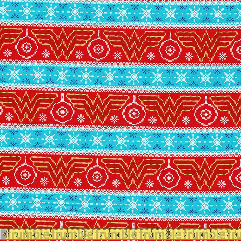 Licensed Christmas - Wonder Woman Fair Isle - Aqua Sewing and Dressmaking Fabric