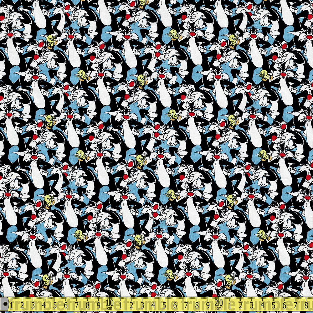 Looney Tunes Sylvester And Tweety Pie - Korean Woven Fabric - Blue Sewing and Dressmaking Fabric