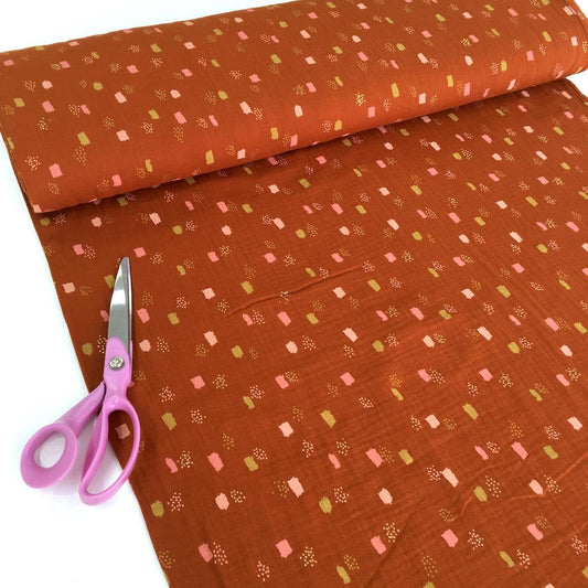 Metallic Dots and Squares - Double Gauze - Burnt Orange Sewing and Dressmaking Fabric