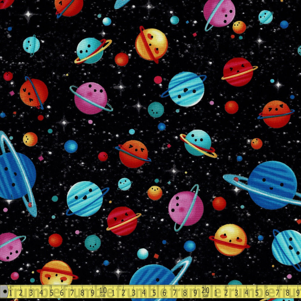 Michael Miller - Cosmic Space Planet Face - Black Sewing and Dressmaking Fabric