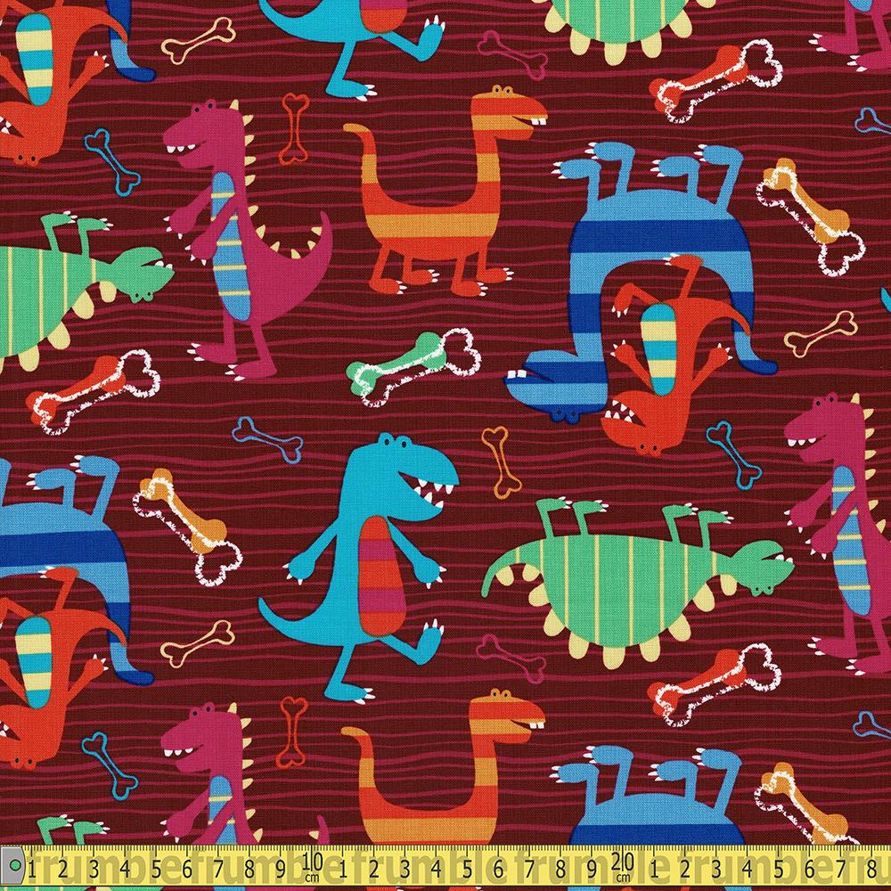 Michael Miller - Dino Dudes - Burgundy Sewing and Dressmaking Fabric