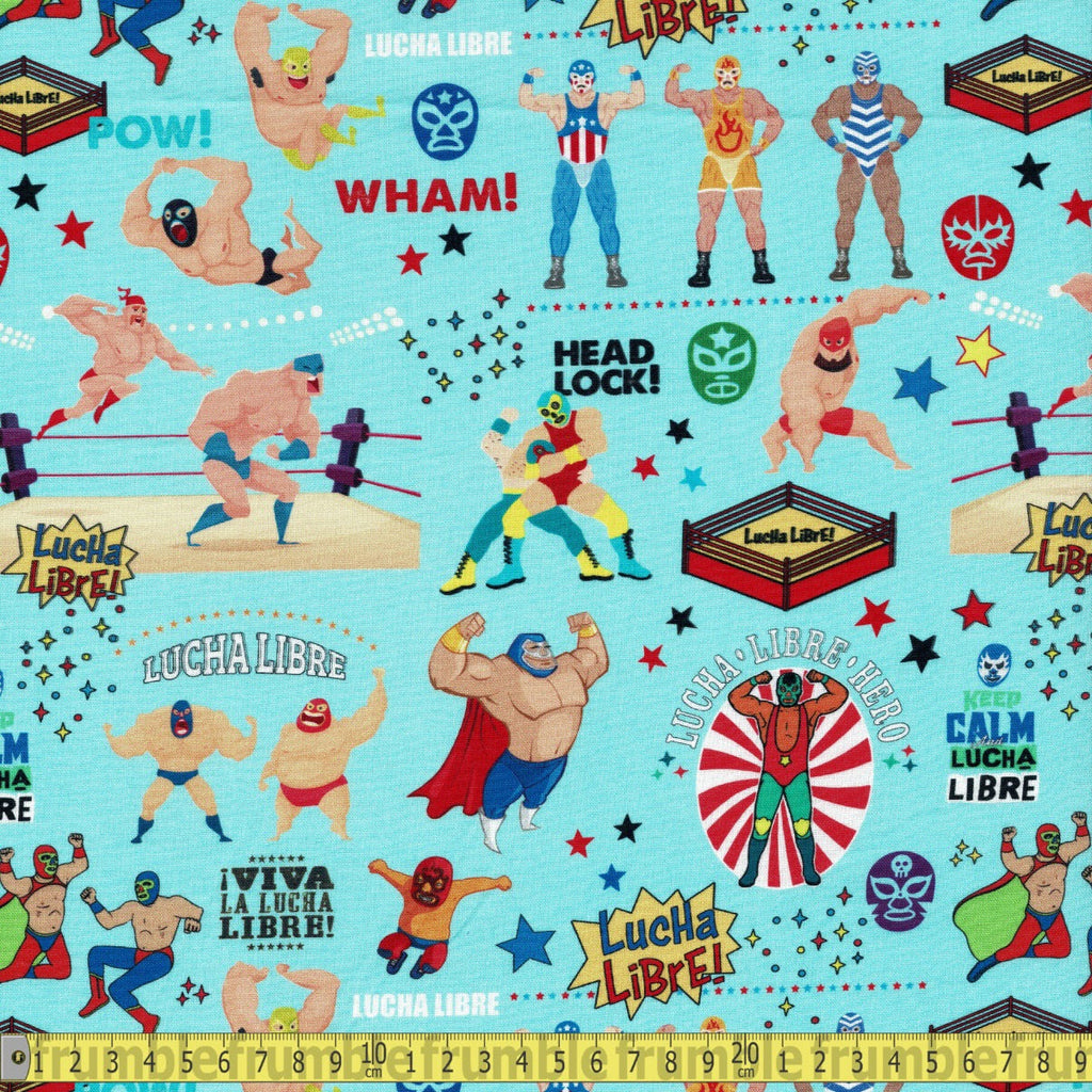 Michael Miller - Lucha Wrestlers - Blue Sewing and Dressmaking Fabric