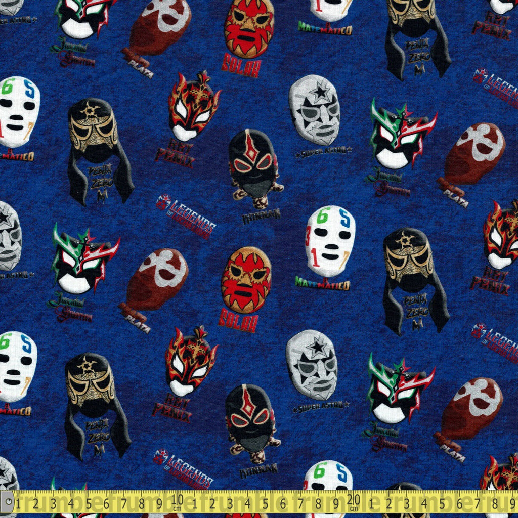 Michael Miller - Wrestlers Masks - Blue Sewing and Dressmaking Fabric