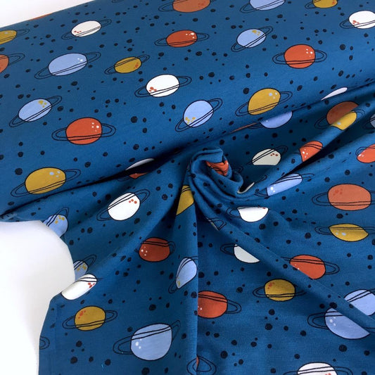 Outer Space Saturn - GOTS Organic Printed Jersey - Denim Blue Sewing and Dressmaking Fabric