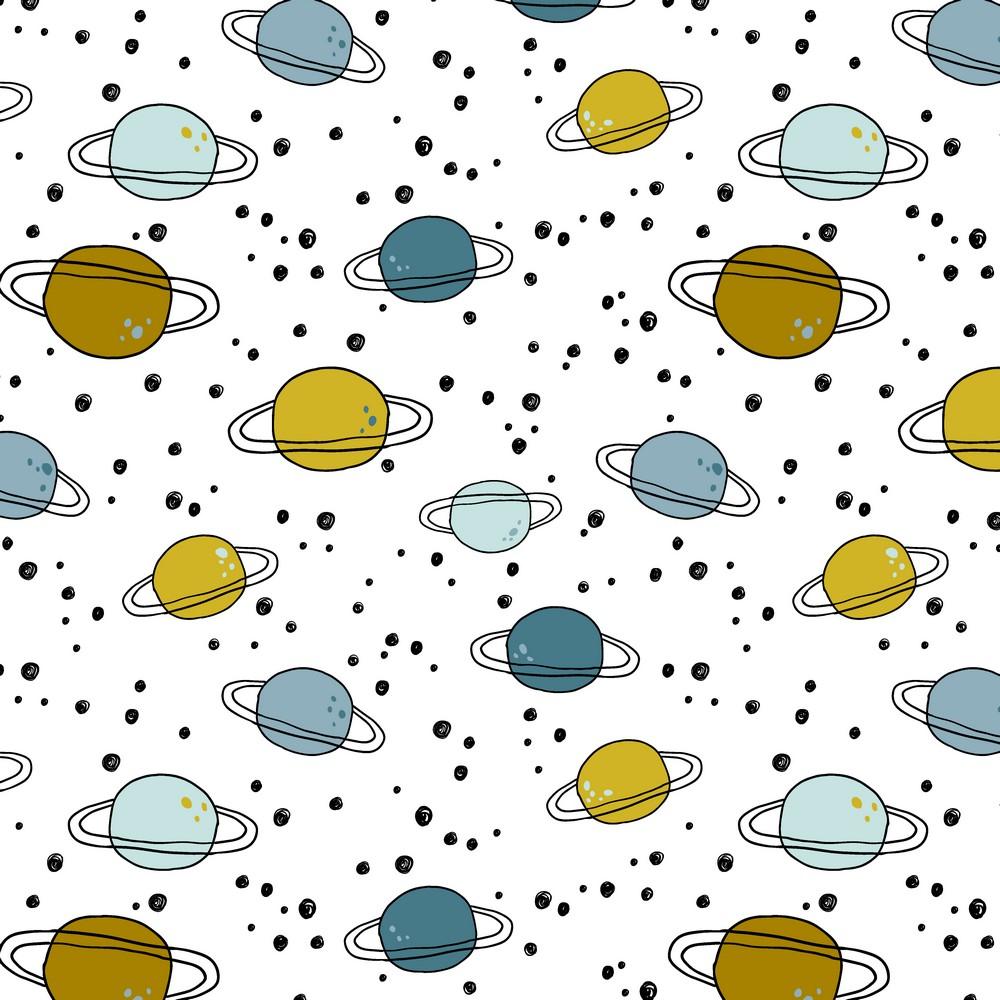 Outer Space Saturn - GOTS Organic Printed Jersey - White Sewing and Dressmaking Fabric