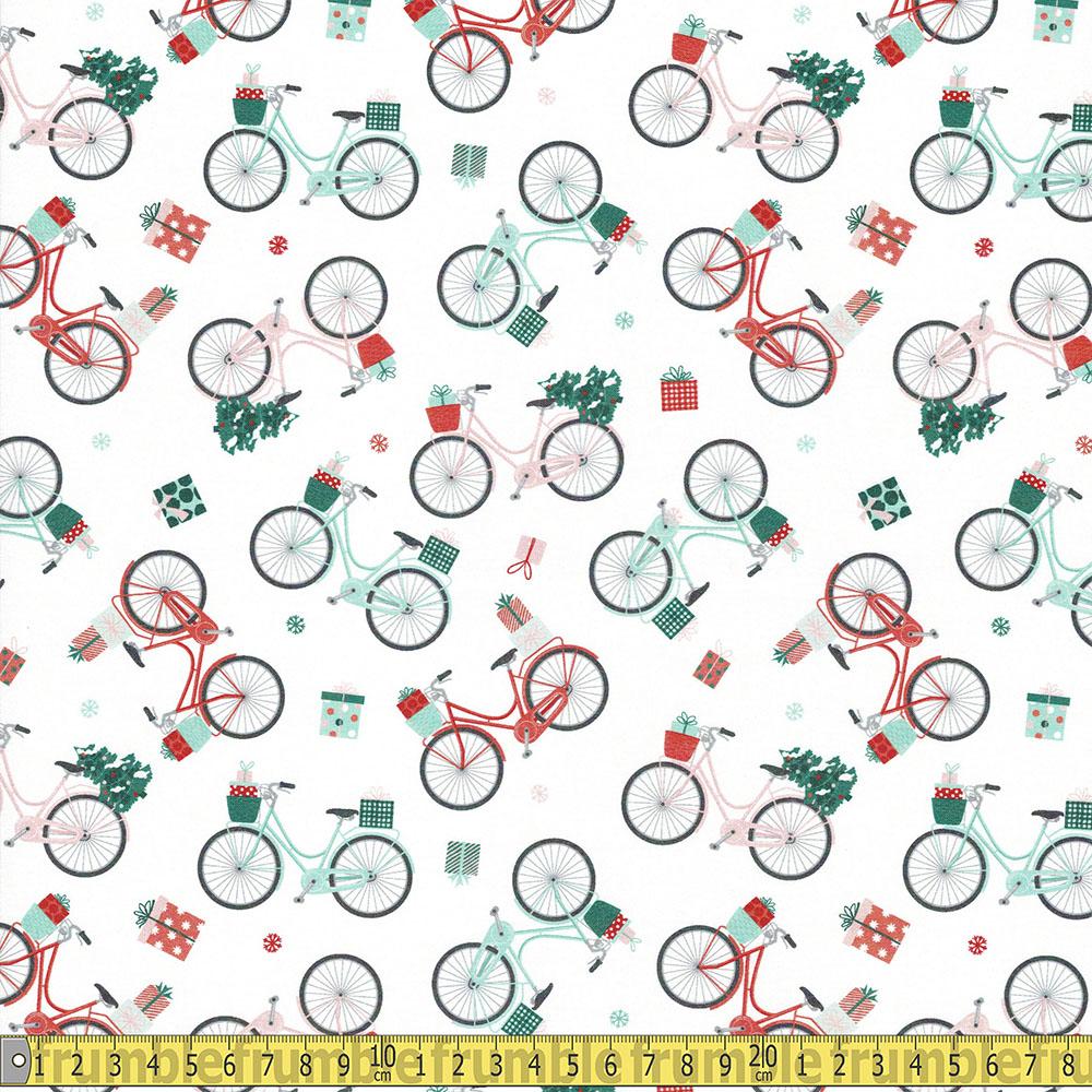 Paintbrush Studio - GOTS Home For Christmas - Bikes White Sewing and Dressmaking Fabric