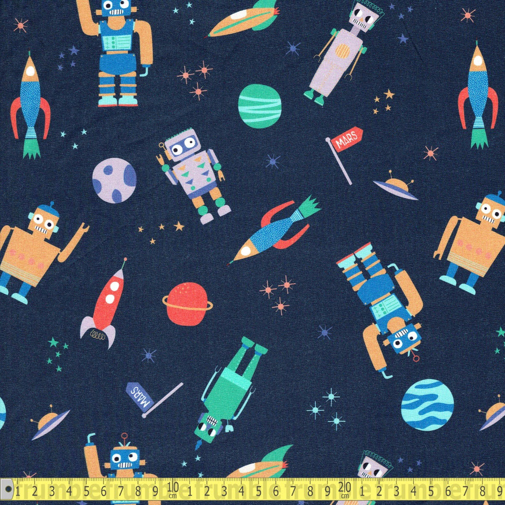 Paintbrush Studio - ROBOTS IN ORBIT In Space Navy - Sewing and Dressmaking Fabric
