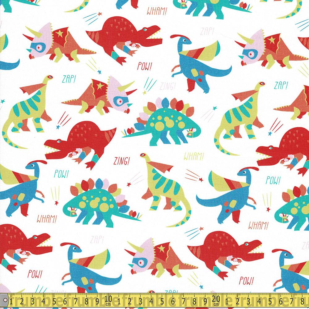 Paintbrush Studio - Super Dinos - Main White Sewing and Dressmaking Fabric