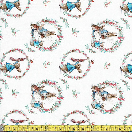 Peter Rabbit Christmas - Traditional Wreath White Sewing and Dressmaking Fabric