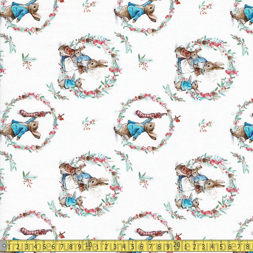 Peter Rabbit Christmas - Traditional Wreath White Sewing and Dressmaking Fabric