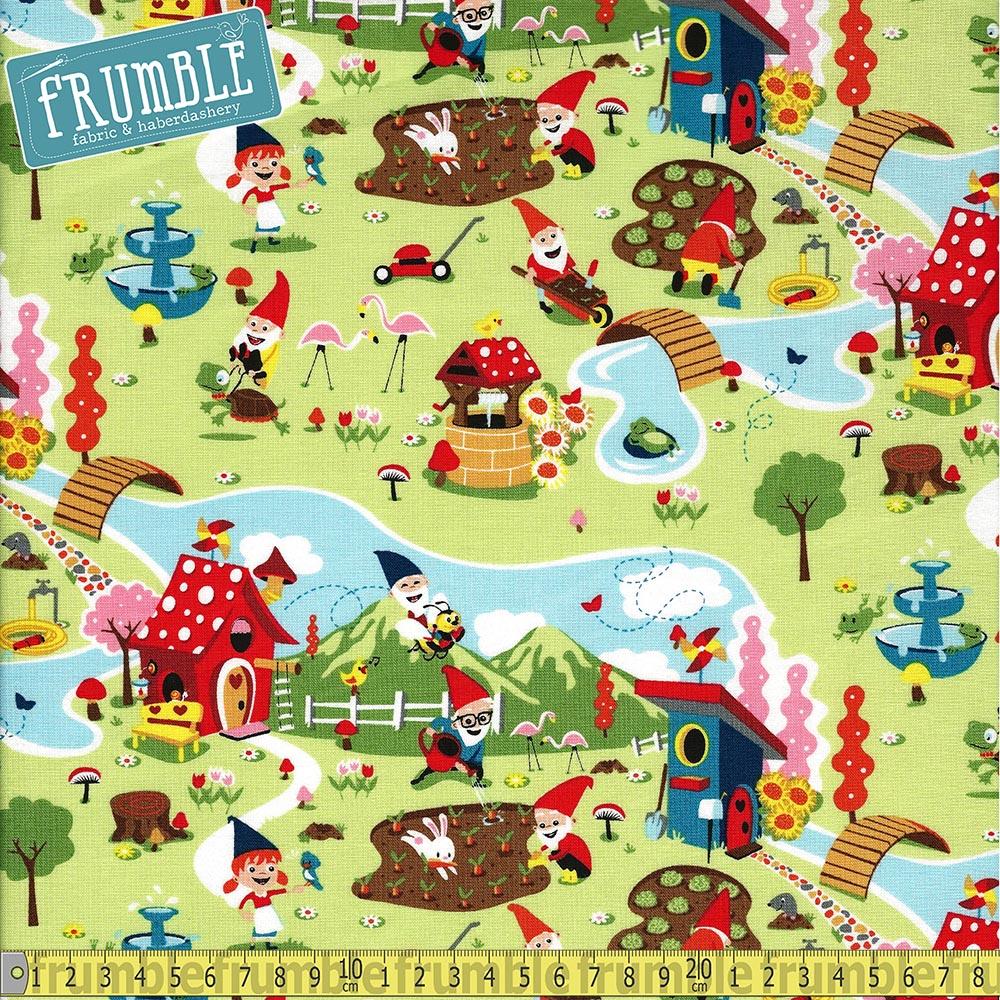 Gnome And Gardens Scene Green - Frumble Fabrics