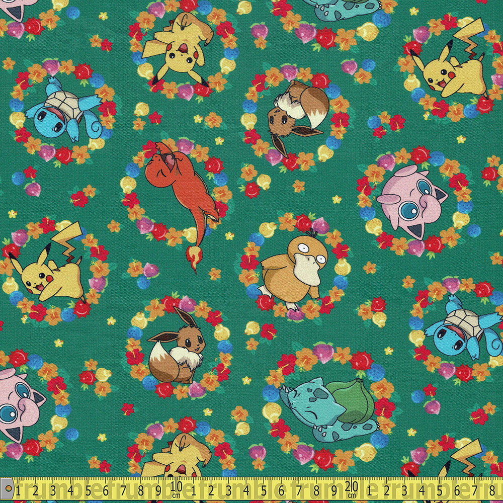 Robert Kaufman - Sunny Days Pokemon - Floral Ring Green Sewing and Dressmaking Fabric