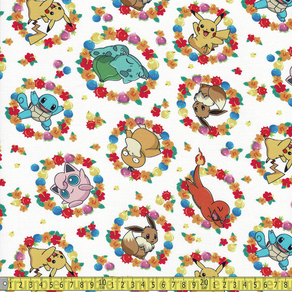Robert Kaufman - Sunny Days Pokemon - Floral Ring White Sewing and Dressmaking Fabric