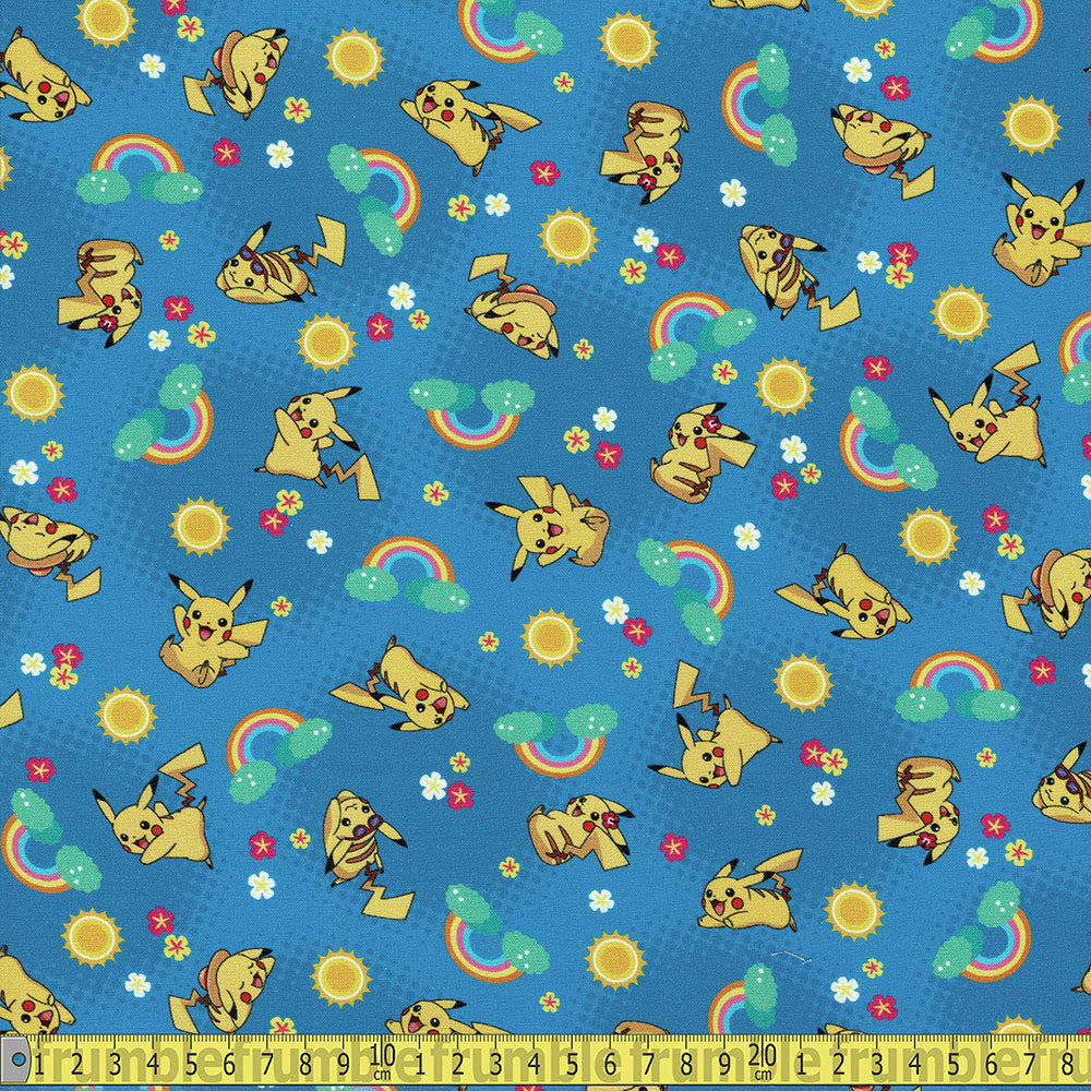 Robert Kaufman - Sunny Days Pokemon - Pikachu and Rainbows Blue Sewing and Dressmaking Fabric