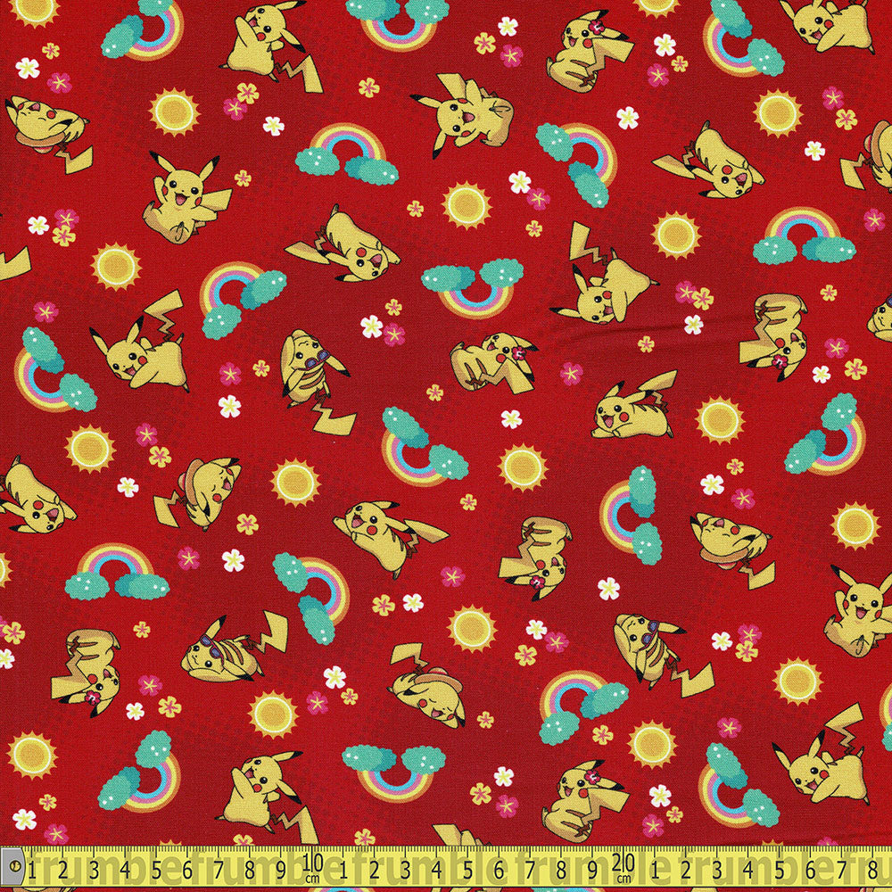 Robert Kaufman - Sunny Days Pokemon - Pikachu and Rainbows Red Sewing and Dressmaking Fabric