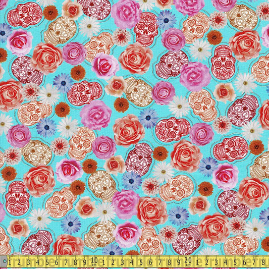 Frida Kahlo Flowers and Skulls Aqua - Frumble Fabrics