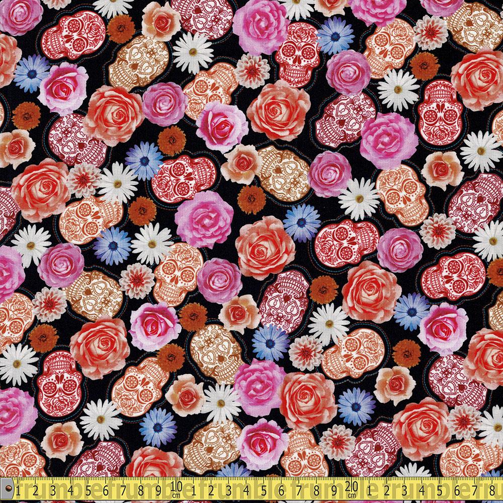 Frida Kahlo Flowers and Skulls Black - Frumble Fabrics